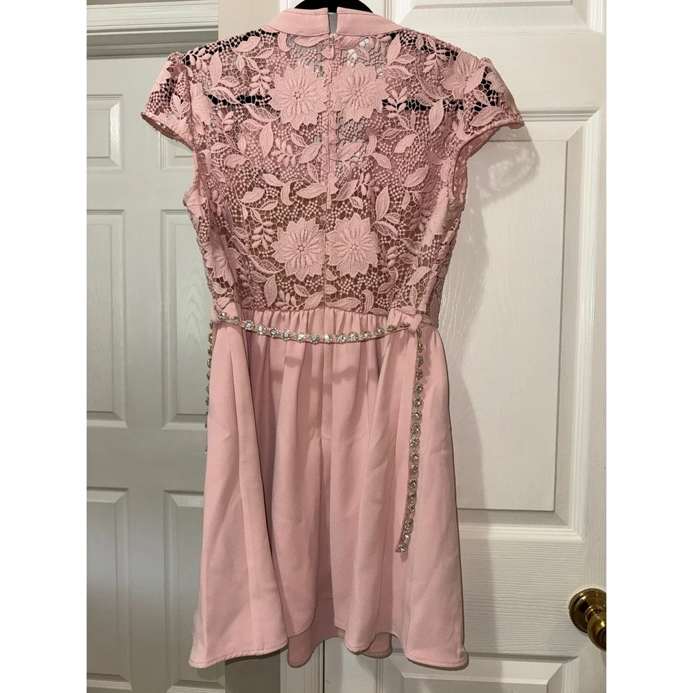 Self-Portrait Pink  Lace Crystal Button Mini Dress US 10 UK 14 - Picture 9 of 9